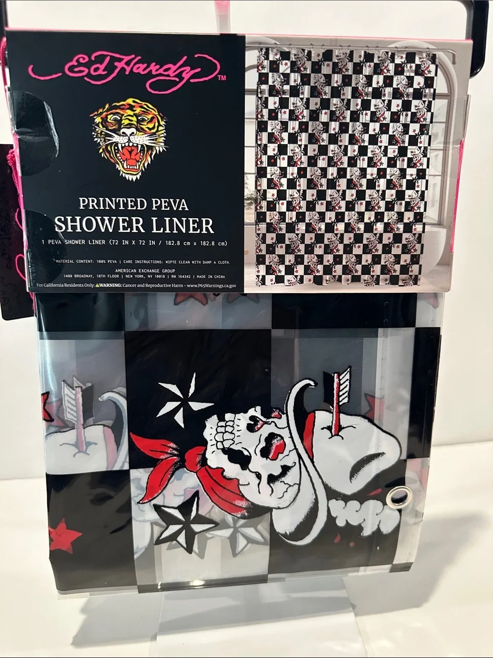 NWT Ed Hardy Printed Peva Black, White & Red Skull Shower Liner.